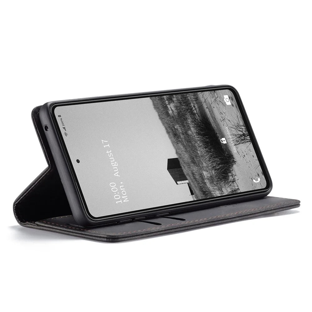 CASEME 013 Series Lightweight Mobile Phone Case Bag for Samsung Galaxy A73 5G, Auto-absorbed PU Leather Wallet Foldable Stand Phone Cover - Black - 3