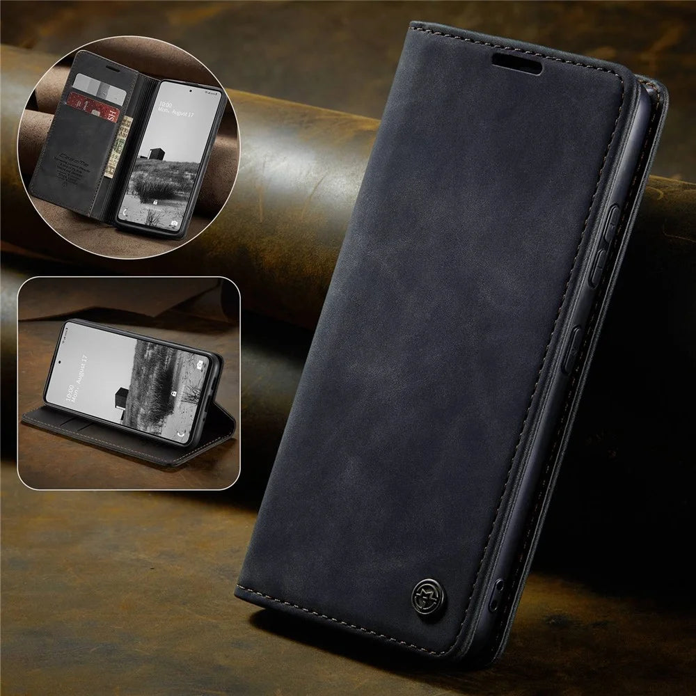 CASEME 013 Series Lightweight Mobile Phone Case Bag for Samsung Galaxy A73 5G, Auto-absorbed PU Leather Wallet Foldable Stand Phone Cover - Black - 4