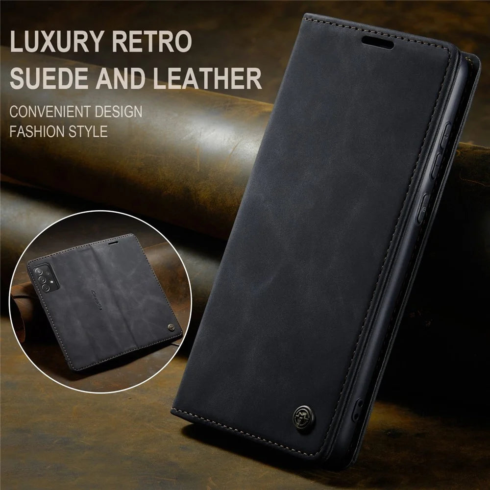 CASEME 013 Series Lightweight Mobile Phone Case Bag for Samsung Galaxy A73 5G, Auto-absorbed PU Leather Wallet Foldable Stand Phone Cover - Black - 5