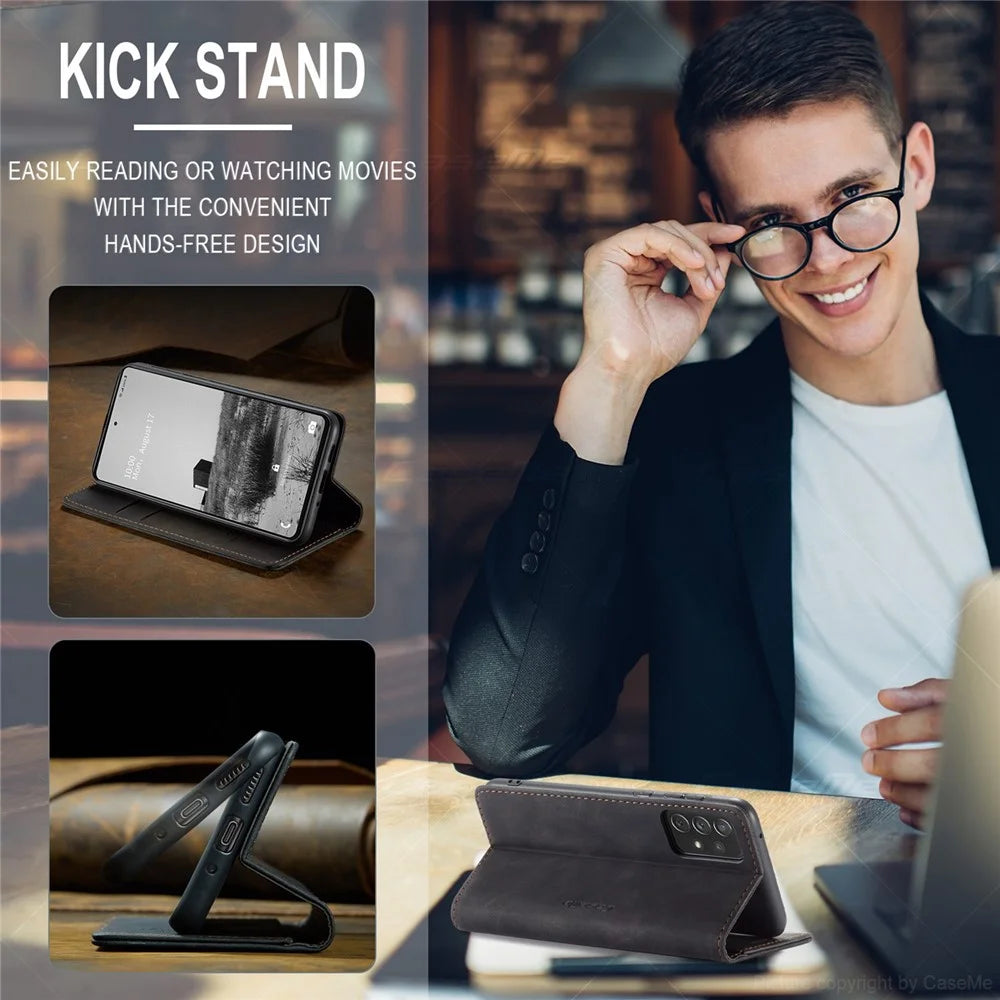 CASEME 013 Series Lightweight Mobile Phone Case Bag for Samsung Galaxy A73 5G, Auto-absorbed PU Leather Wallet Foldable Stand Phone Cover - Black - 6