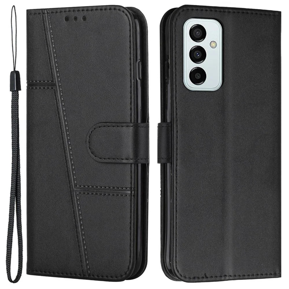 For Samsung Galaxy M23 5G/F23 5G PU Leather TPU Interior Case Stand Feature Magnetic Folio Book Folding Stitching Cover with Strap - Black - 1