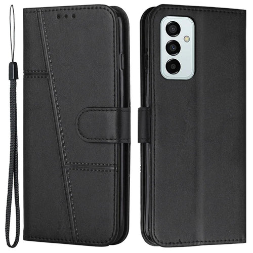 For Samsung Galaxy M23 5G/F23 5G PU Leather TPU Interior Case Stand Feature Magnetic Folio Book Folding Stitching Cover with Strap - Black - 1