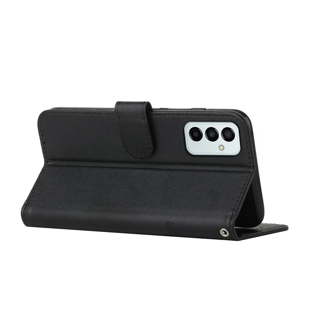 For Samsung Galaxy M23 5G/F23 5G PU Leather TPU Interior Case Stand Feature Magnetic Folio Book Folding Stitching Cover with Strap - Black - 3