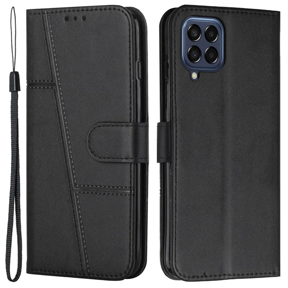 For Samsung Galaxy M53 5G PU Leather Phone Case Shock Absorbing Wallet Stand Flip Stitching Cover with Strap - Black - 1