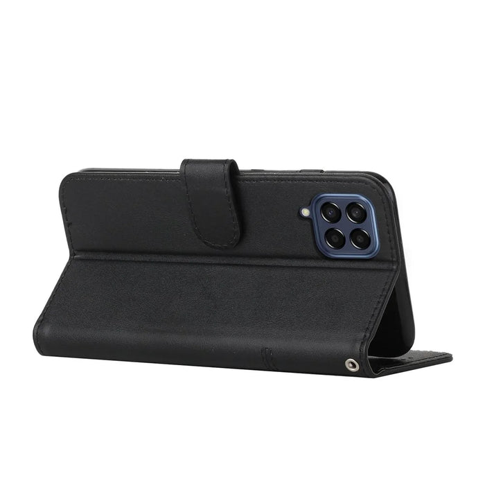 For Samsung Galaxy M53 5G PU Leather Phone Case Shock Absorbing Wallet Stand Flip Stitching Cover with Strap - Black - 3