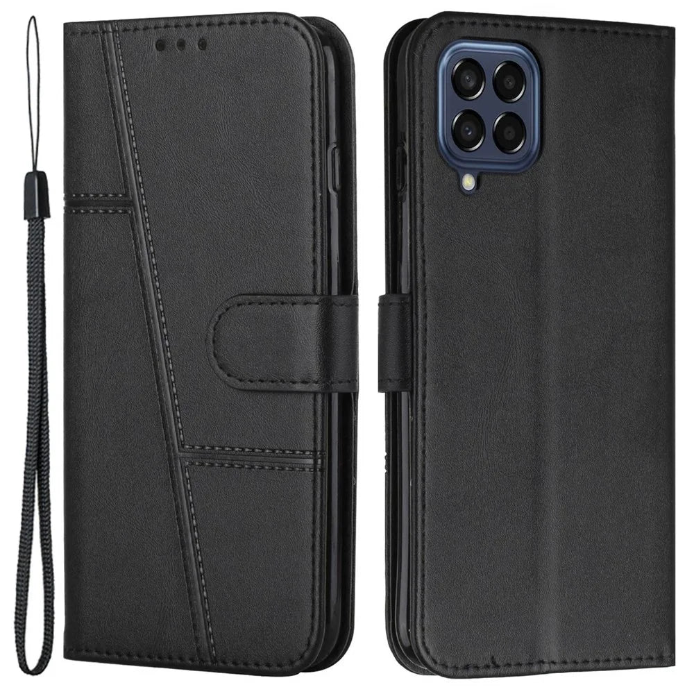For Samsung Galaxy M33 5G (Global Version) PU Leather Stitching Cover Stand Magnetic Protect Shockproof Flip Case with Strap - Black - 1