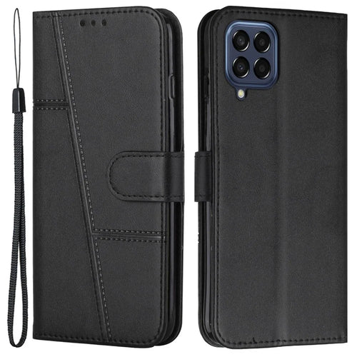 For Samsung Galaxy M33 5G (Global Version) PU Leather Stitching Cover Stand Magnetic Protect Shockproof Flip Case with Strap - Black - 1