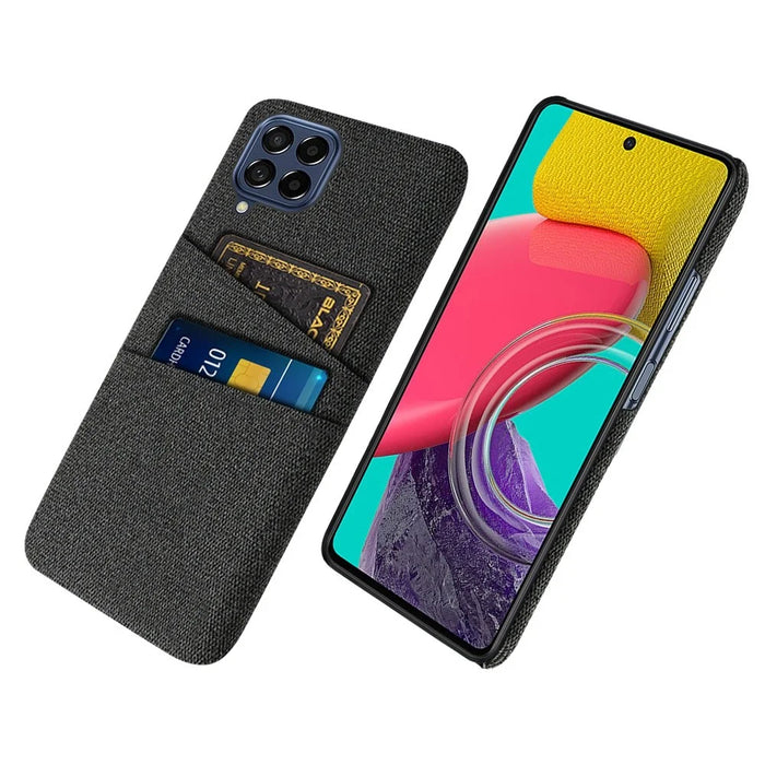 Cloth Texture Protective Case for Samsung Galaxy M53 5G, Hard PC + Cloth Back Cover with Dual Card Slot - Black - 1