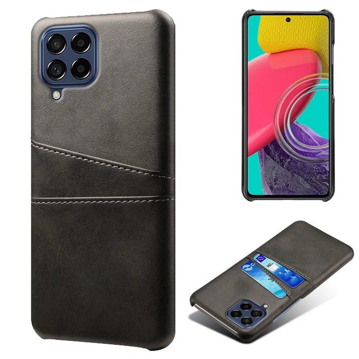 For Samsung Galaxy M53 5G Back Case Shell Multipurpose Card Slots All-round Shockproof Phone Protector PU Leather Coated Hard PC Cover - Black - 1