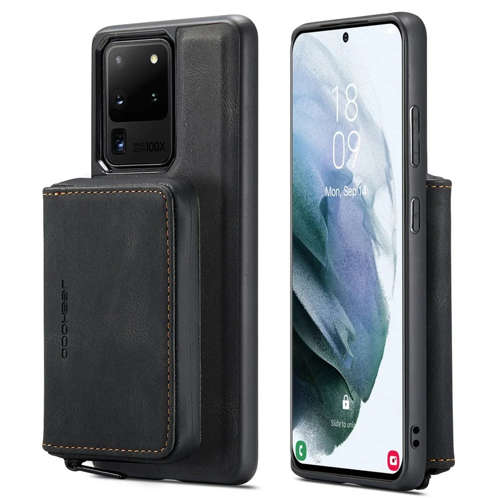 JEEHOOD For Samsung Galaxy S20 Ultra 4G/S20 Ultra 5G Zipper Wallet PU Leather Coated TPU Cover Kickstand Detachable Phone Case - Black - 1