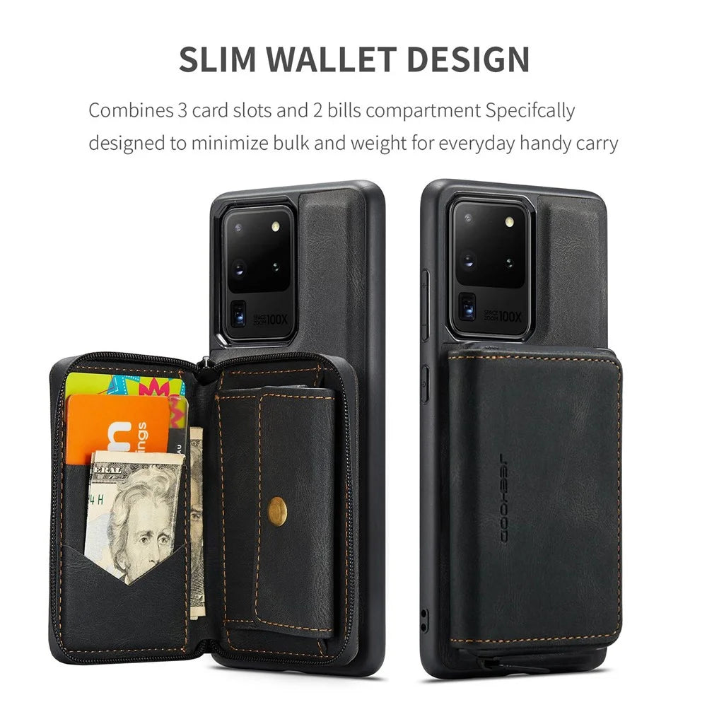 JEEHOOD For Samsung Galaxy S20 Ultra 4G/S20 Ultra 5G Zipper Wallet PU Leather Coated TPU Cover Kickstand Detachable Phone Case - Black - 6