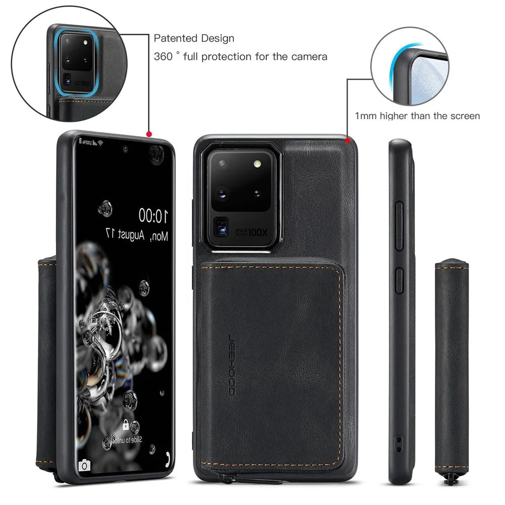 JEEHOOD For Samsung Galaxy S20 Ultra 4G/S20 Ultra 5G Zipper Wallet PU Leather Coated TPU Cover Kickstand Detachable Phone Case - Black - 7