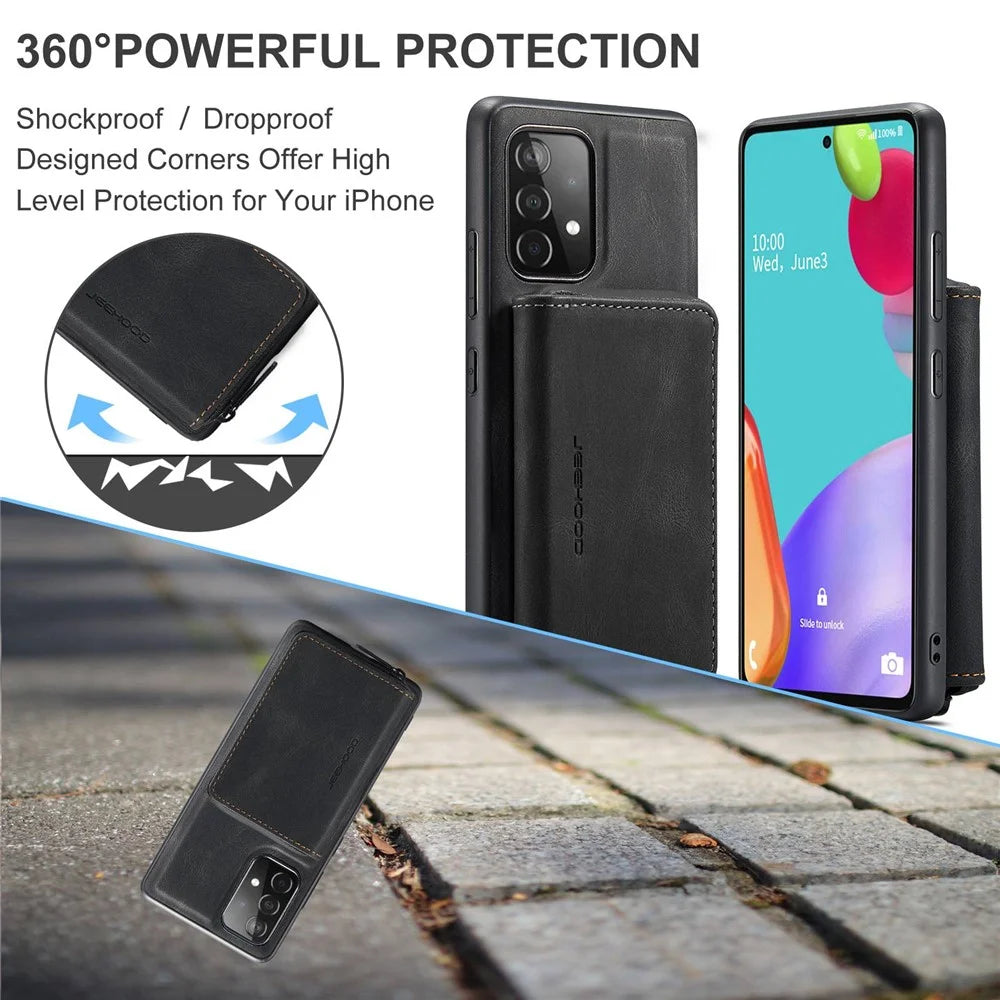 JEEHOOD For Samsung Galaxy A53 5G Detachable Magnetic Zipper Wallet Case Kickstand Leather Coated TPU Phone Cover - Black - 6