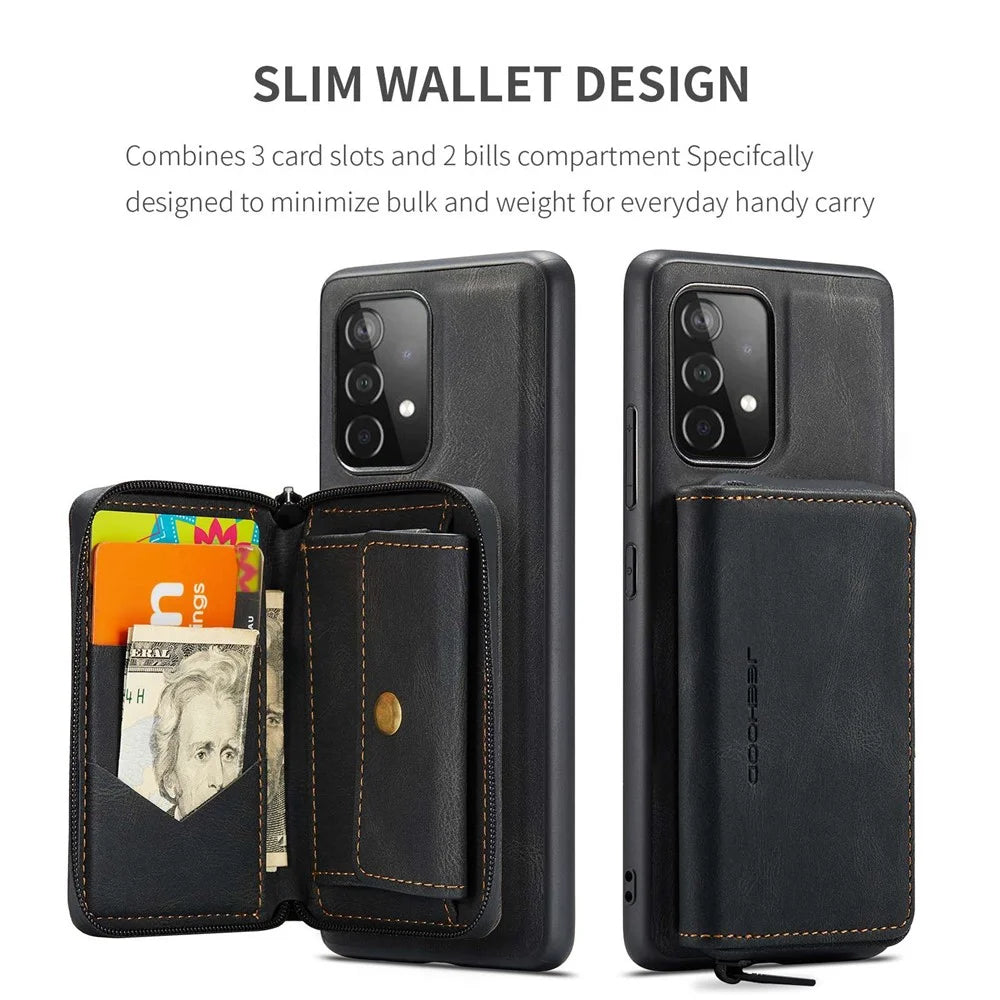 JEEHOOD For Samsung Galaxy A53 5G Detachable Magnetic Zipper Wallet Case Kickstand Leather Coated TPU Phone Cover - Black - 7