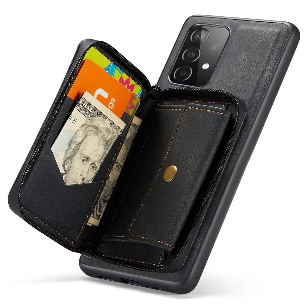 JEEHOOD For Samsung Galaxy A33 5G Zipper Wallet Kickstand Phone Case Detachable Magnetic Absorption Leather Coated TPU Cover - Black - 4