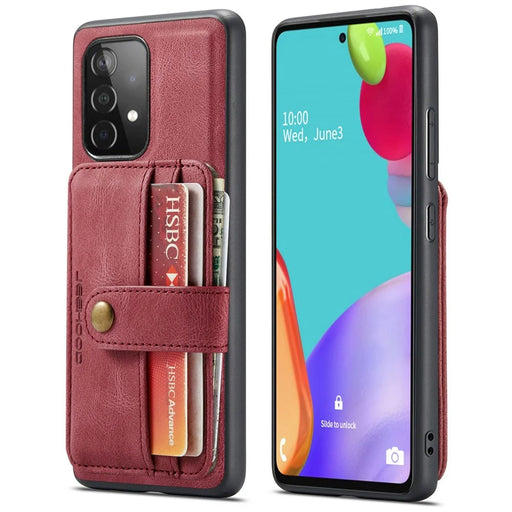 JEEHOOD for Samsung Galaxy A73 5G RFID Blocking Detachable 2-in-1 Magnetic Anti-fall Wallet Design Leather Coated TPU Phone Case Shell - Red - 1