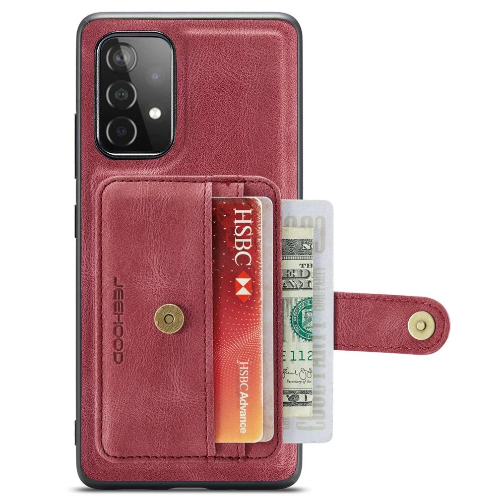 JEEHOOD for Samsung Galaxy A73 5G RFID Blocking Detachable 2-in-1 Magnetic Anti-fall Wallet Design Leather Coated TPU Phone Case Shell - Red - 2