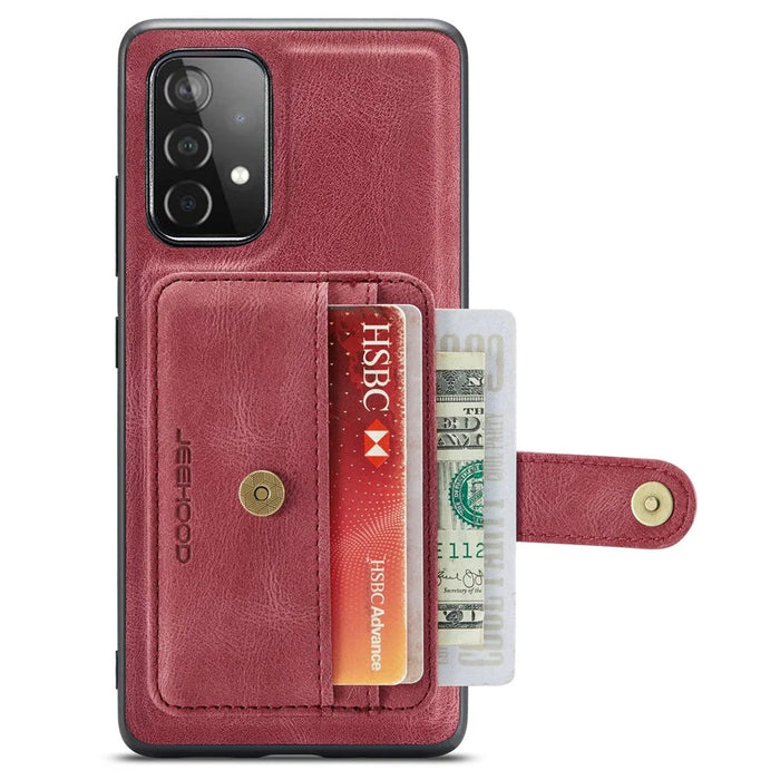 JEEHOOD for Samsung Galaxy A73 5G RFID Blocking Detachable 2-in-1 Magnetic Anti-fall Wallet Design Leather Coated TPU Phone Case Shell - Red - 2