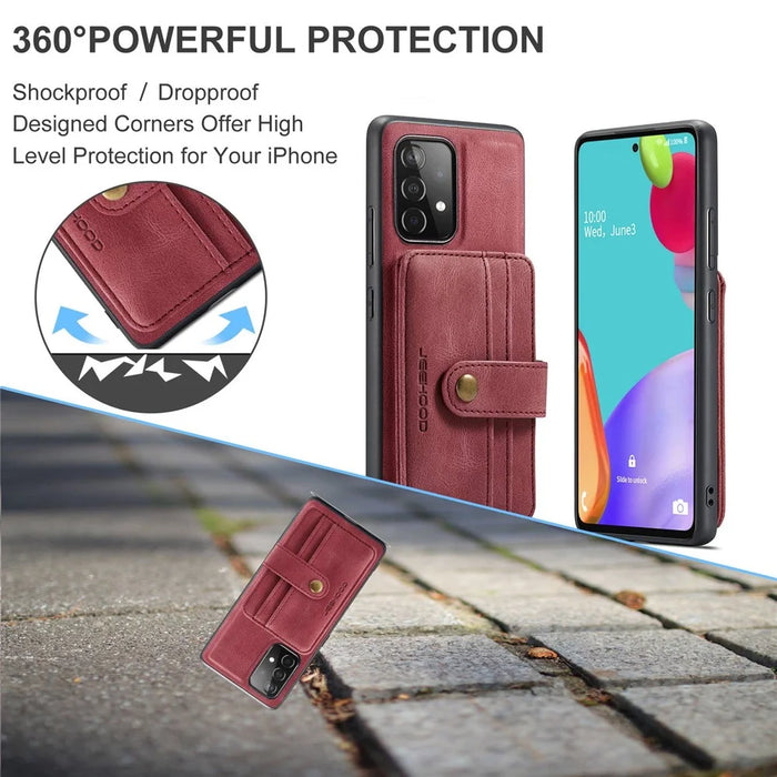 JEEHOOD for Samsung Galaxy A73 5G RFID Blocking Detachable 2-in-1 Magnetic Anti-fall Wallet Design Leather Coated TPU Phone Case Shell - Red - 5