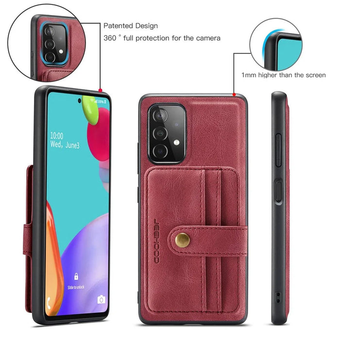 JEEHOOD for Samsung Galaxy A73 5G RFID Blocking Detachable 2-in-1 Magnetic Anti-fall Wallet Design Leather Coated TPU Phone Case Shell - Red - 7