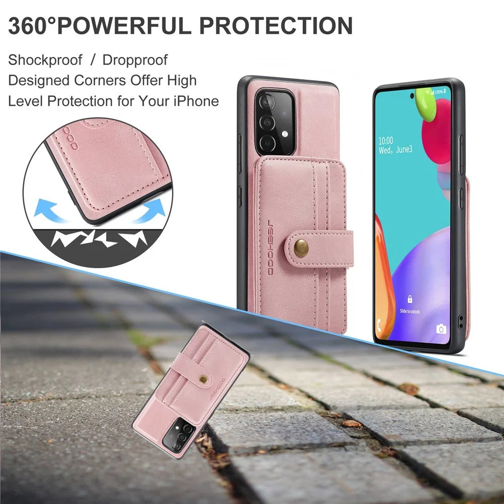JEEHOOD for Samsung Galaxy A33 5G Leather Coated TPU Cover Anti-fall Detachable 2-in-1 Wallet Function RFID Blocking Phone Case Cover - Pink - 5