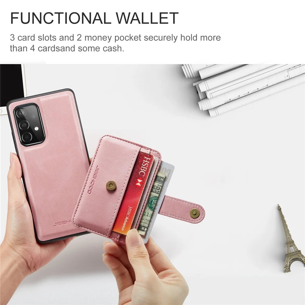 JEEHOOD for Samsung Galaxy A33 5G Leather Coated TPU Cover Anti-fall Detachable 2-in-1 Wallet Function RFID Blocking Phone Case Cover - Pink - 6