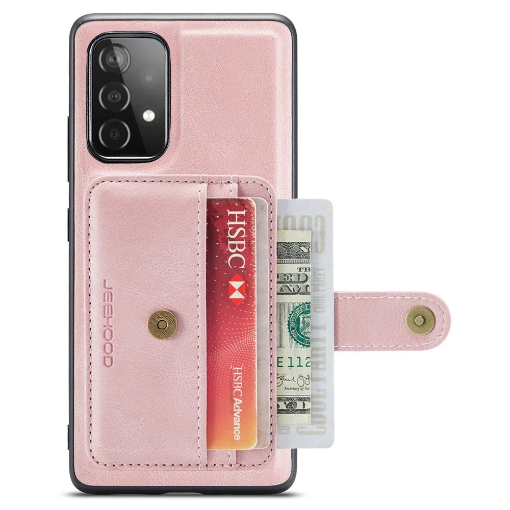 JEEHOOD for Samsung Galaxy A72 4G/5G Wear-resistant Leather Coated TPU Cover Anti-drop Detachable Wallet RFID Blocking Phone Case - Pink - 2