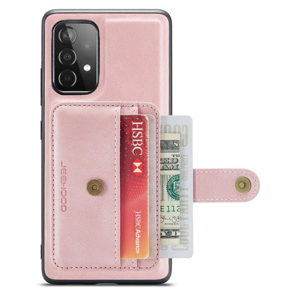 JEEHOOD for Samsung Galaxy A32 5G/M32 5G 2-in-1 Design Leather Coated TPU Cover Strong Magnet Wallet RFID Blocking Cell Phone Case - Pink - 2