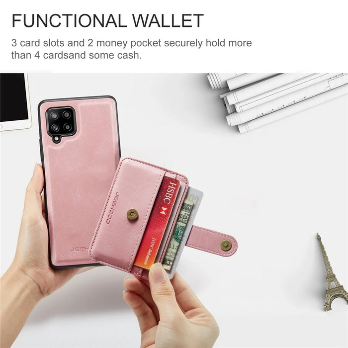 JEEHOOD for Samsung Galaxy A42 5G Detachable Design Leather Coated TPU Shell Strong Magnet Wallet RFID Blocking Protective Phone Case - Pink - 5