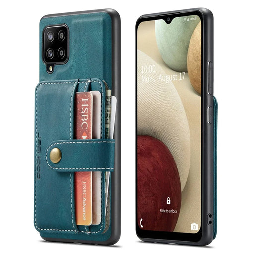 JEEHOOD for Samsung Galaxy A12 Strong Magnet Wallet Detachable Design Phone Protector Leather Coated TPU RFID Blocking Case - Blue - 1