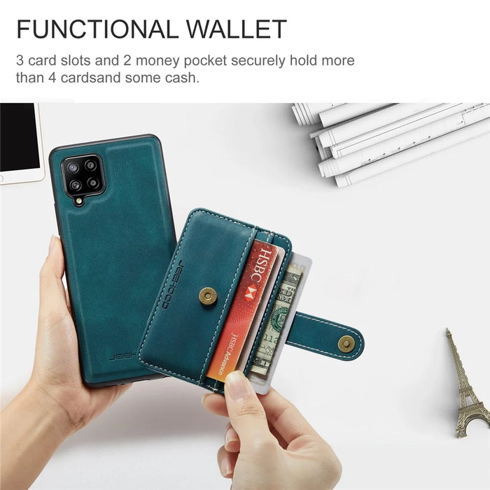JEEHOOD for Samsung Galaxy A12 Strong Magnet Wallet Detachable Design Phone Protector Leather Coated TPU RFID Blocking Case - Blue - 5
