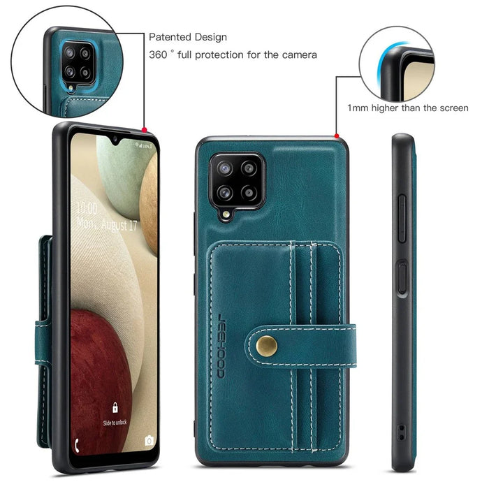 JEEHOOD for Samsung Galaxy A12 Strong Magnet Wallet Detachable Design Phone Protector Leather Coated TPU RFID Blocking Case - Blue - 6