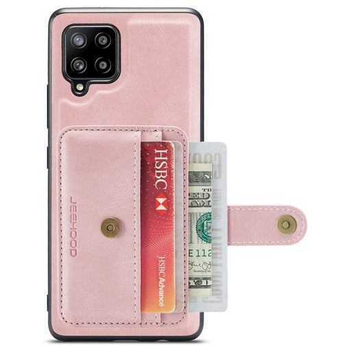 JEEHOOD for Samsung Galaxy A22 4G (EU Version) Drop-proof Anti-scratch Magnetic Wallet Detachable Design Cover Leather Coated TPU RFID Blocking Phone Case - Pink - 2