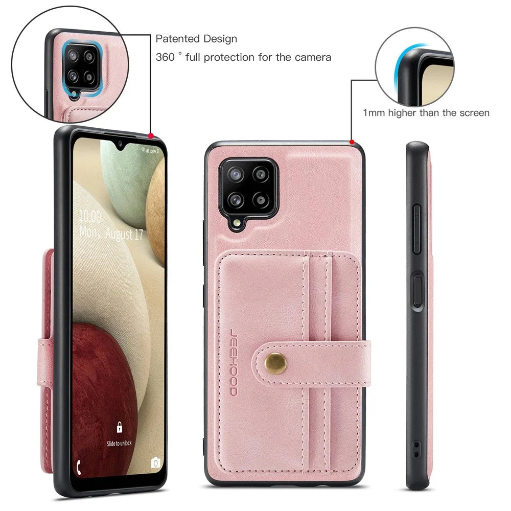 JEEHOOD for Samsung Galaxy A22 4G (EU Version) Drop-proof Anti-scratch Magnetic Wallet Detachable Design Cover Leather Coated TPU RFID Blocking Phone Case - Pink - 6
