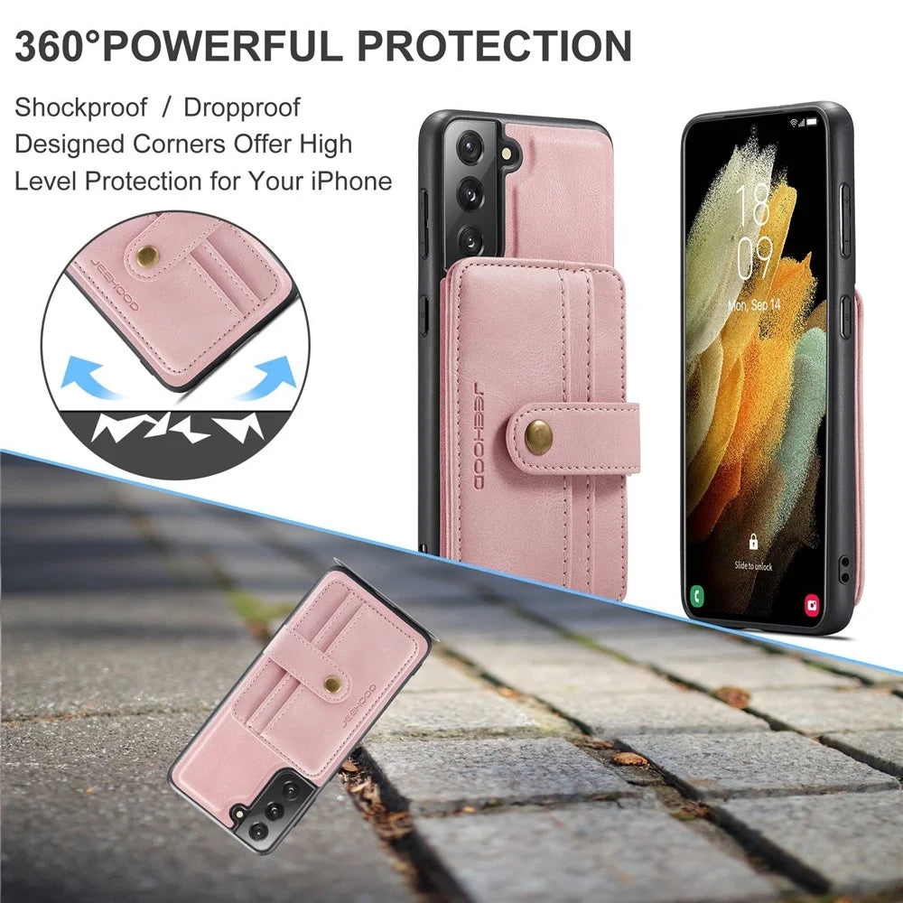 JEEHOOD Detachable Case for Samsung Galaxy S21+ 5G Independent Wallet Design PU Leather Coated TPU RFID Blocking Phone Shell - Pink - 6