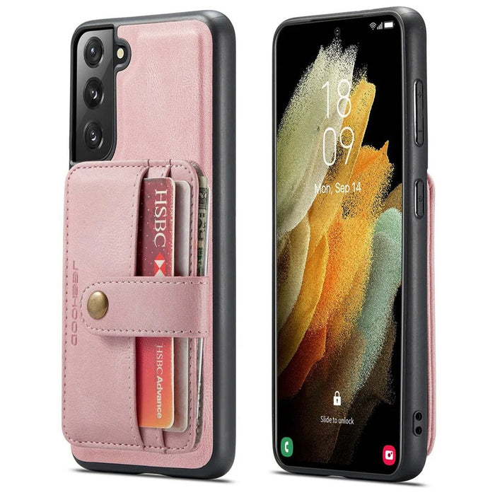 JEEHOOD Anti-Scratch Phone Cover for Samsung Galaxy S21 FE 5G RFID Blocking Wallet Phone Case Shockproof Phone Shell Support Wireless Charging - Pink - 1