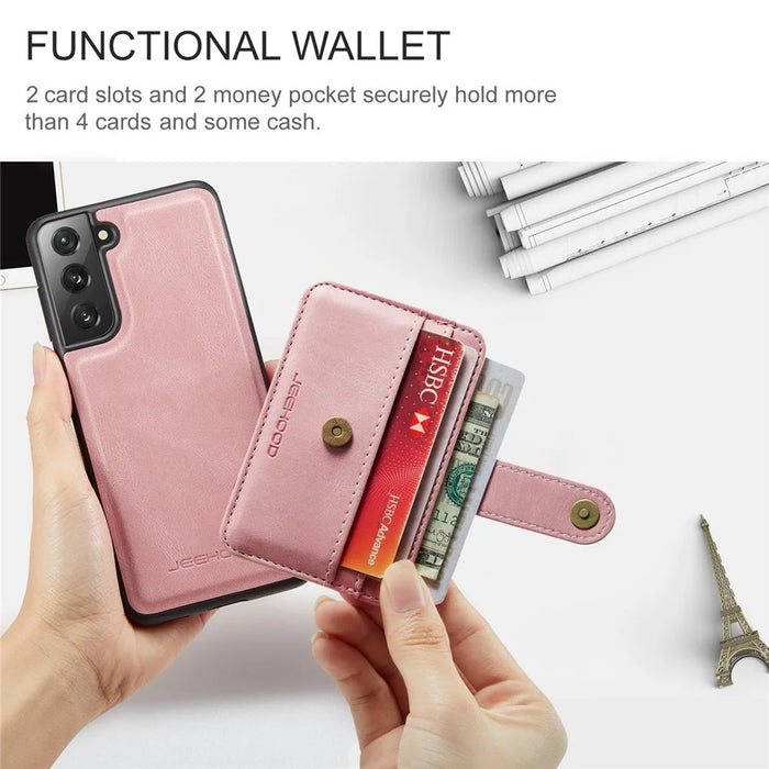 JEEHOOD Anti-Scratch Phone Cover for Samsung Galaxy S21 FE 5G RFID Blocking Wallet Phone Case Shockproof Phone Shell Support Wireless Charging - Pink - 4