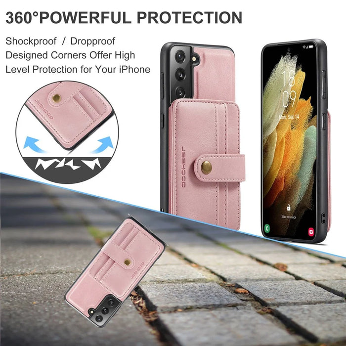 JEEHOOD Anti-Scratch Phone Cover for Samsung Galaxy S21 FE 5G RFID Blocking Wallet Phone Case Shockproof Phone Shell Support Wireless Charging - Pink - 5