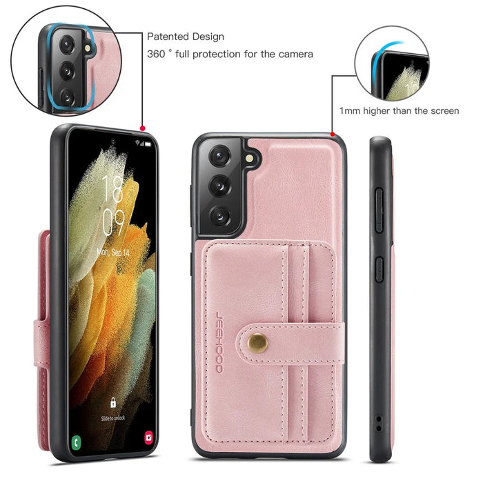 JEEHOOD Anti-Scratch Phone Cover for Samsung Galaxy S21 FE 5G RFID Blocking Wallet Phone Case Shockproof Phone Shell Support Wireless Charging - Pink - 6