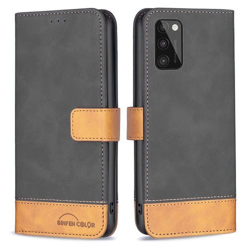 BINFEN COLOR for Samsung Galaxy A41 (Global) Case Color Splicing Skin Touch Leather Phone Cover Wallet Stand - Black - 1