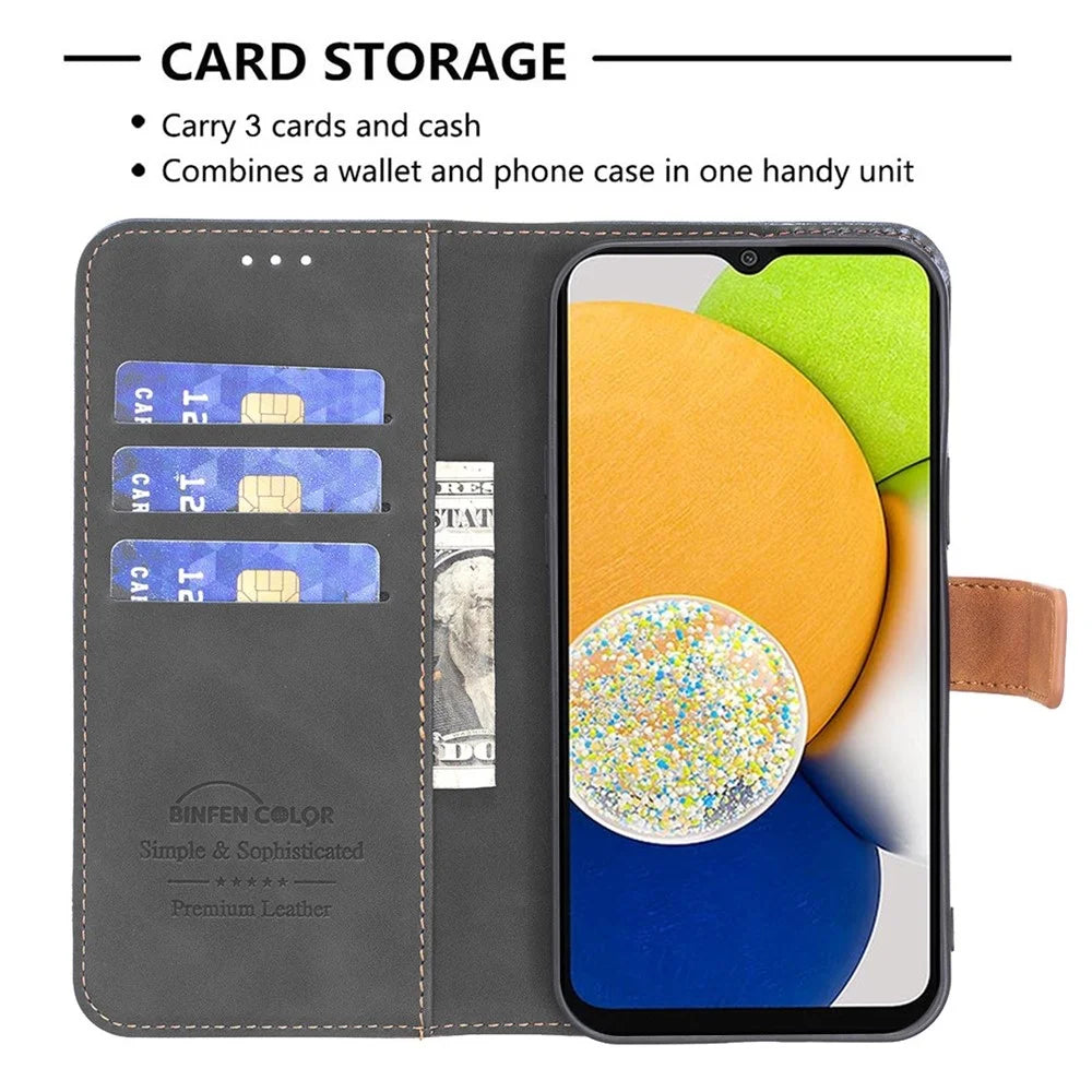 BINFEN COLOR for Samsung Galaxy A41 (Global) Case Color Splicing Skin Touch Leather Phone Cover Wallet Stand - Black - 2