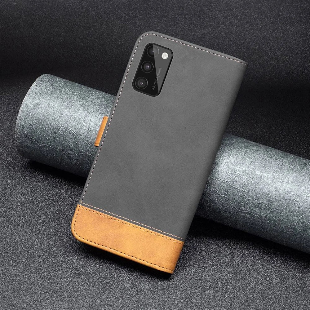 BINFEN COLOR for Samsung Galaxy A41 (Global) Case Color Splicing Skin Touch Leather Phone Cover Wallet Stand - Black - 5