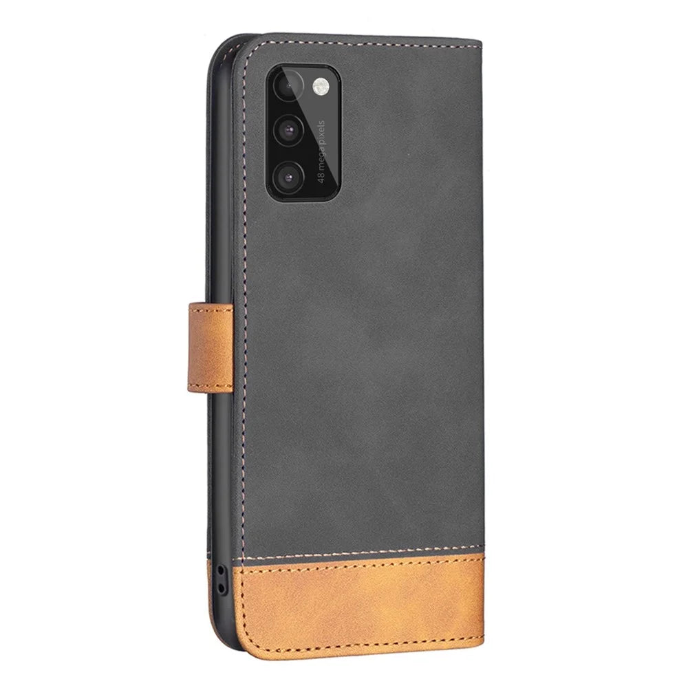 BINFEN COLOR for Samsung Galaxy A41 (Global) Case Color Splicing Skin Touch Leather Phone Cover Wallet Stand - Black - 7