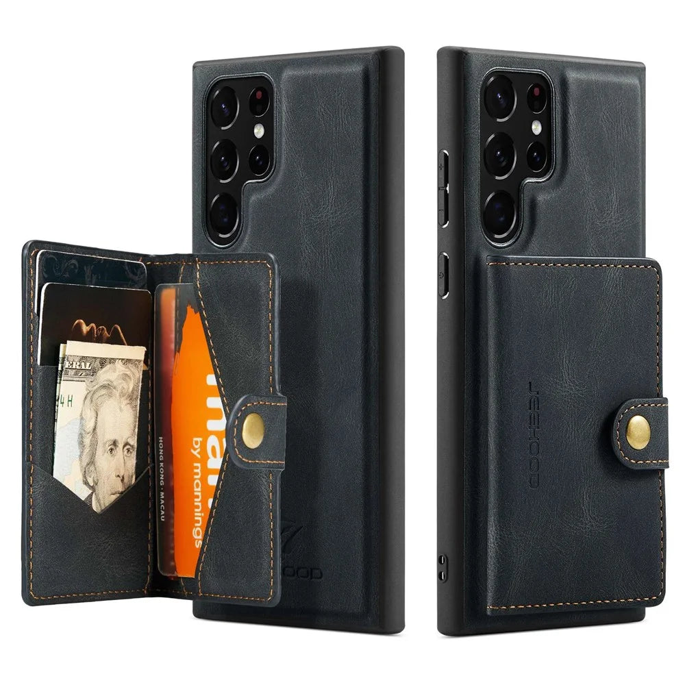 JEEHOOD For Samsung Galaxy S22 Ultra 5G Detachable Leather Coated TPU Case Wallet Kickstand Drop-proof Phone Cover - Black - 1