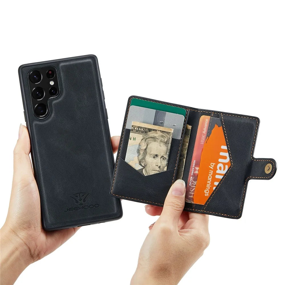 JEEHOOD For Samsung Galaxy S22 Ultra 5G Detachable Leather Coated TPU Case Wallet Kickstand Drop-proof Phone Cover - Black - 5