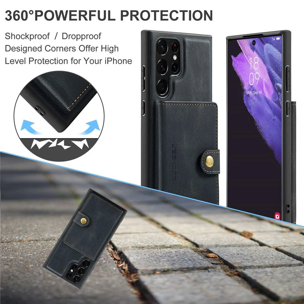 JEEHOOD For Samsung Galaxy S22 Ultra 5G Detachable Leather Coated TPU Case Wallet Kickstand Drop-proof Phone Cover - Black - 6