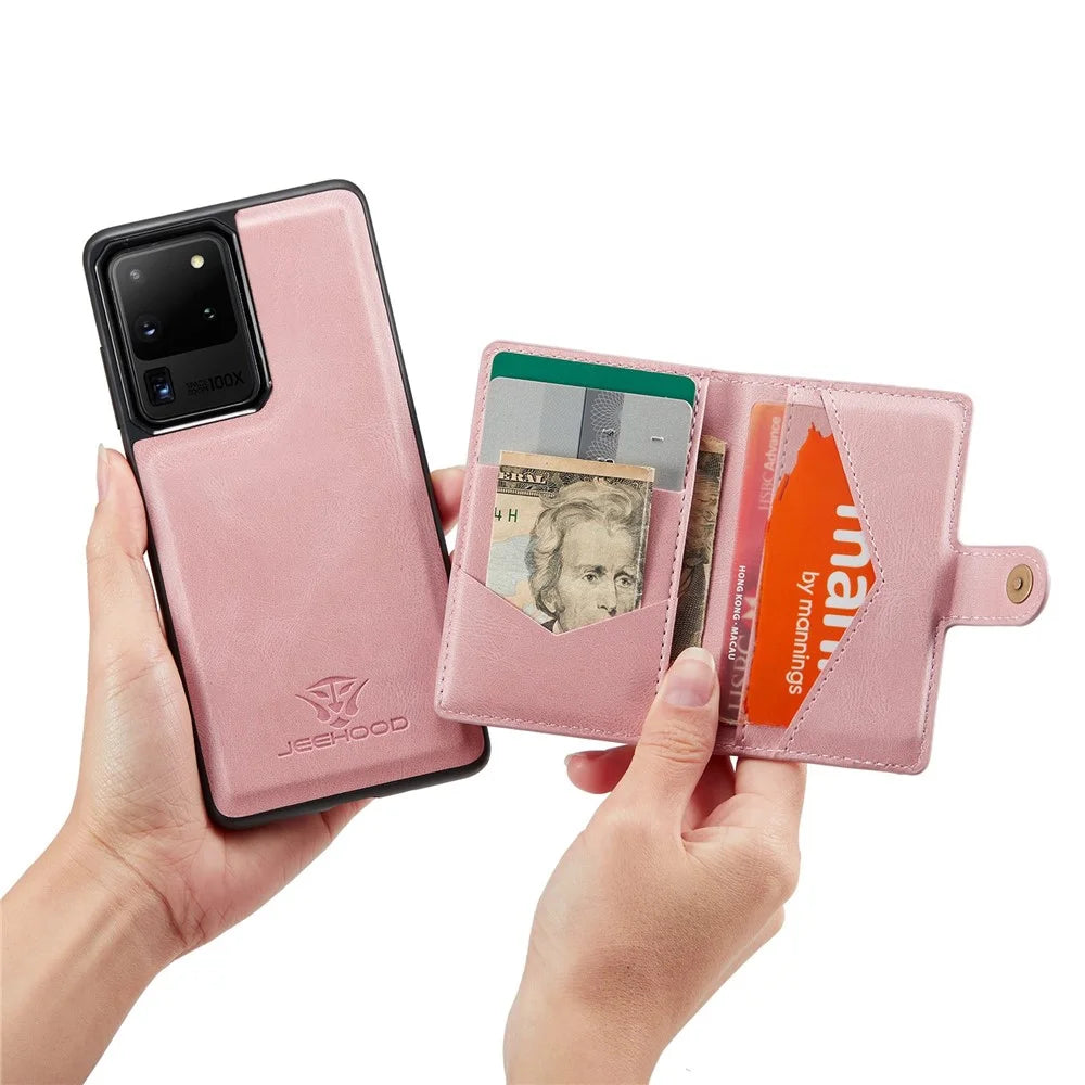 JEEHOOD For Samsung Galaxy S20 Ultra 4G/S20 Ultra 5G Detachable Phone Cover Wallet Kickstand Magnetic Leather Coated TPU Case - Rose Gold - 5