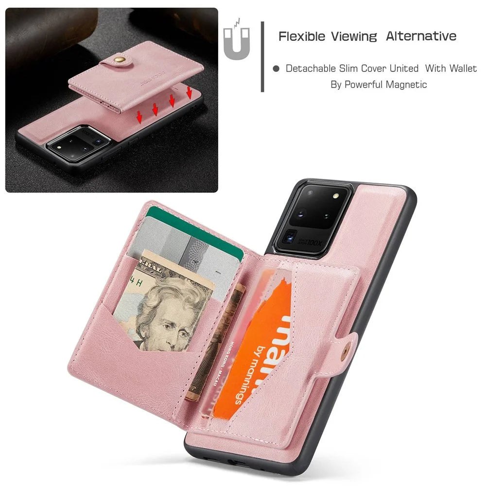 JEEHOOD For Samsung Galaxy S20 Ultra 4G/S20 Ultra 5G Detachable Phone Cover Wallet Kickstand Magnetic Leather Coated TPU Case - Rose Gold - 6