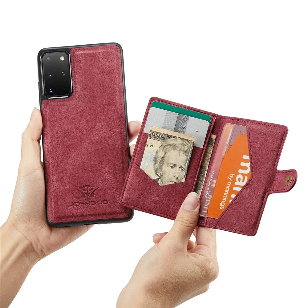 JEEHOOD For Samsung Galaxy S20 Plus 4G/S20 Plus 5G Detachable 2-in-1 Phone Cover PU Leather Coated TPU Wallet Kickstand Case - Red - 5