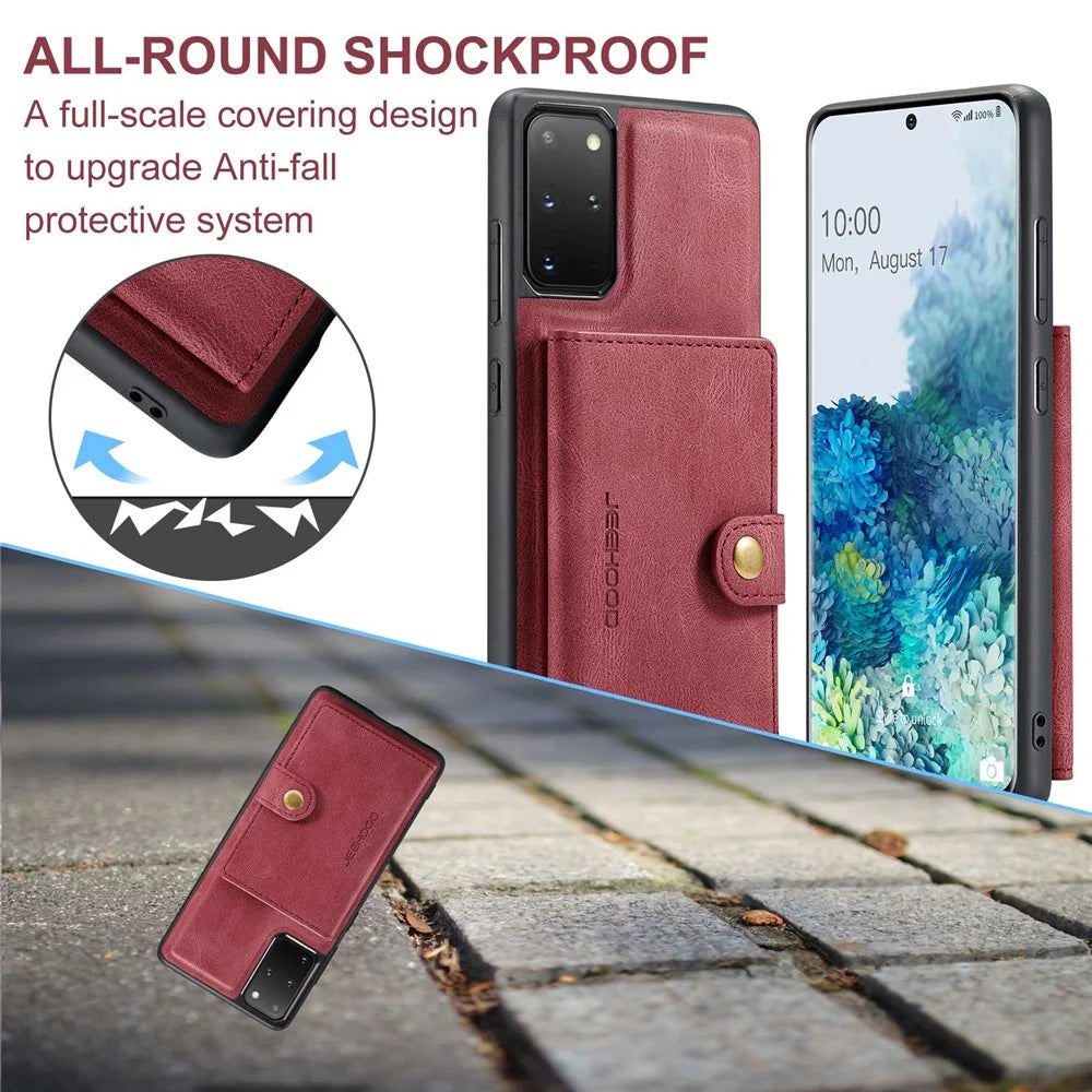 JEEHOOD For Samsung Galaxy S20 Plus 4G/S20 Plus 5G Detachable 2-in-1 Phone Cover PU Leather Coated TPU Wallet Kickstand Case - Red - 7